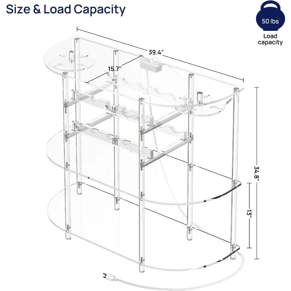 Acrílico Transparente Vinho Armário com Estação de Carregamento e Luzes LED, Vidro Rack e Wine Rack, Home Bar Gabinete