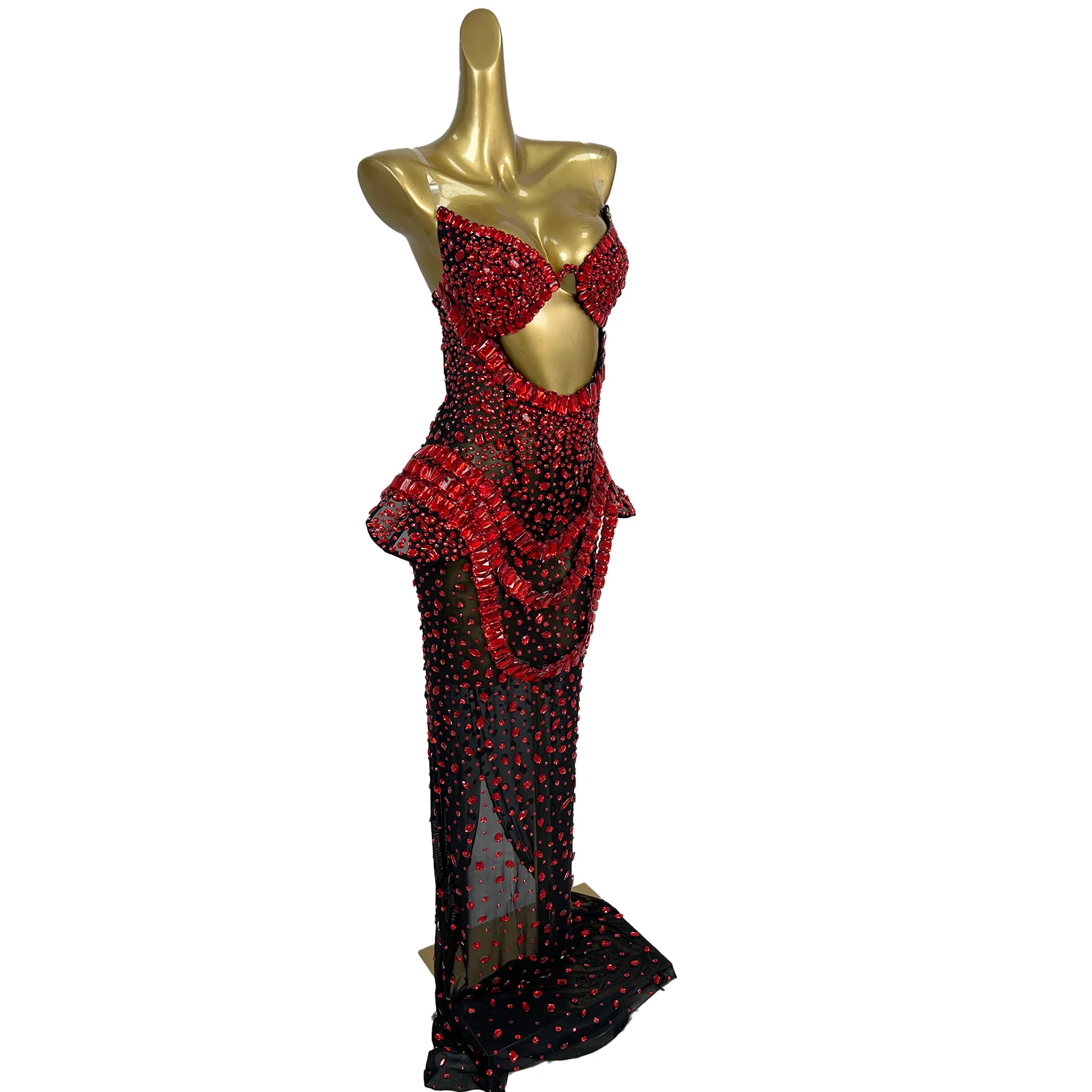 Hongguan فستان سهرة نسائي فاخر أحمر كريستال الماس أسود شفاف شبكة فستان مجوف المشاهير فستان السجادة الحمراء فستان حفلات