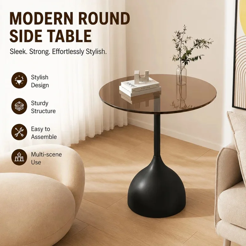 Modern Round Side Table with Tempered Glass Top & Metal Frame - Small Accent Table for Living Room, Bedroom