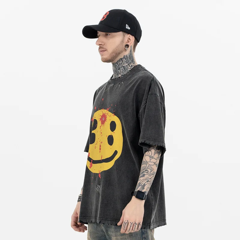 Men's Casual Vintage T-shirt Summer New Brand Broken Smile American Retro High Street Short Sleeve Cotton Loose Fit Outdoor