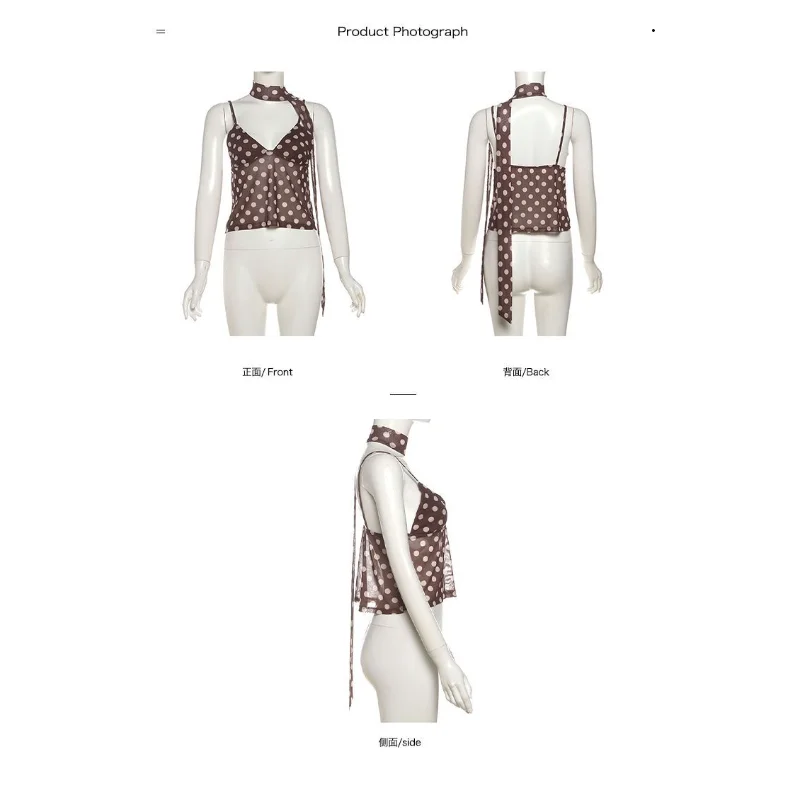 Women's Brown Polka Dot Mesh Midi Skirt Elegant Sheer A-Line Casual Office Skirt with Bow Detail