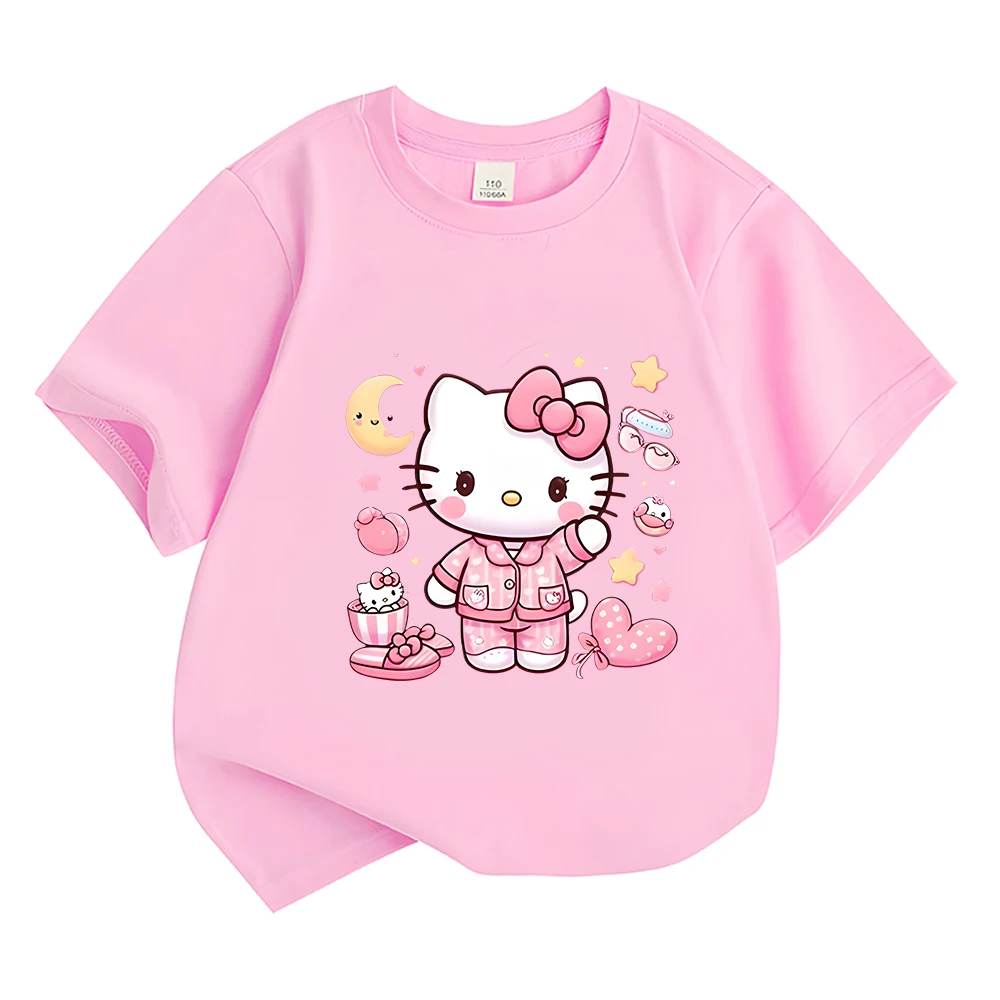 

Магазин Hello Kitty, летняя одежда с котом, игривая хлопковая Футболка для девочек, уличные повседневные топы для мальчиков и девочек, футболка с круглым вырезом и коротким рукавом