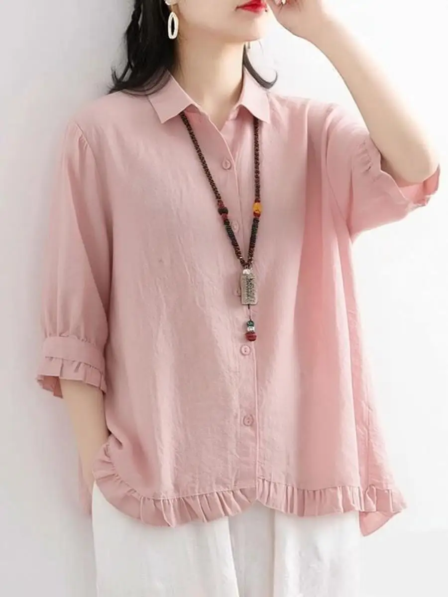 

Cotton Linen Women's Neck Short Sleeve Shirt Loose Versatile Slimming Base Layer Top Summer New Style Ethnic Style