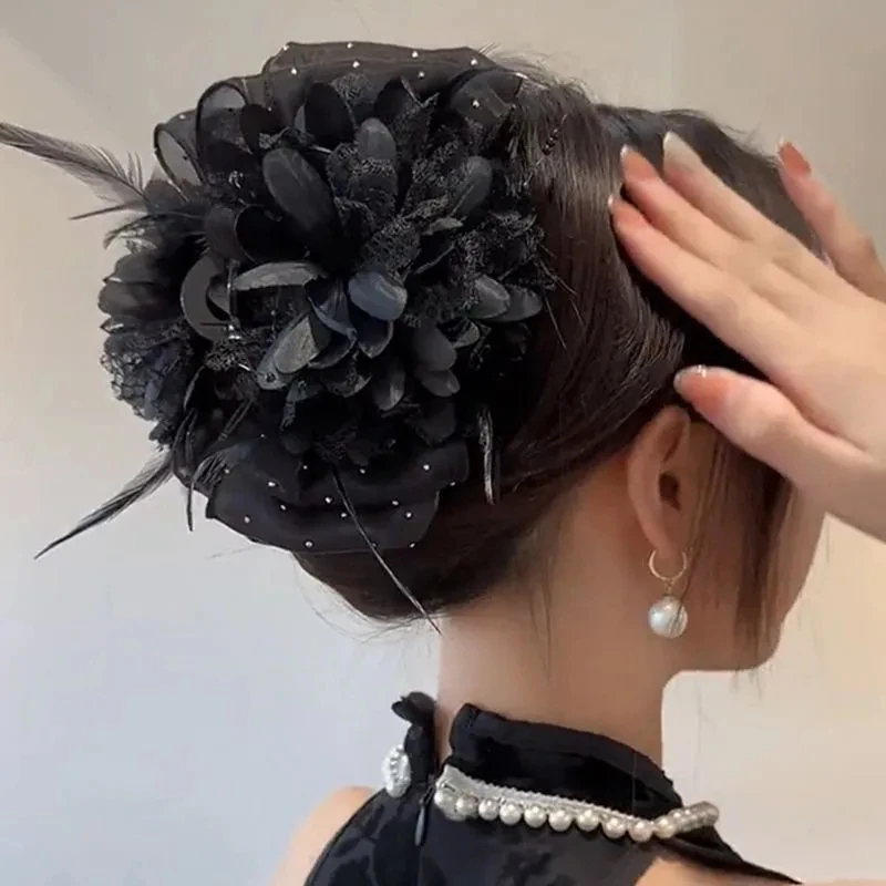 Korean  Elegant Women Girls Hair Claw Pleated Organza Pearls Black Feather Grip Shark Hair Clip Women Headwear Hair Accessories