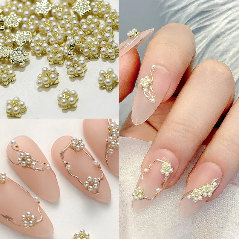 Mini White Pearl Flower Nail Charms Flat Back Nail Studs Rhinestone Manicure Bowknot Buttwerfly Alloy 3D Nail Tips Decoration