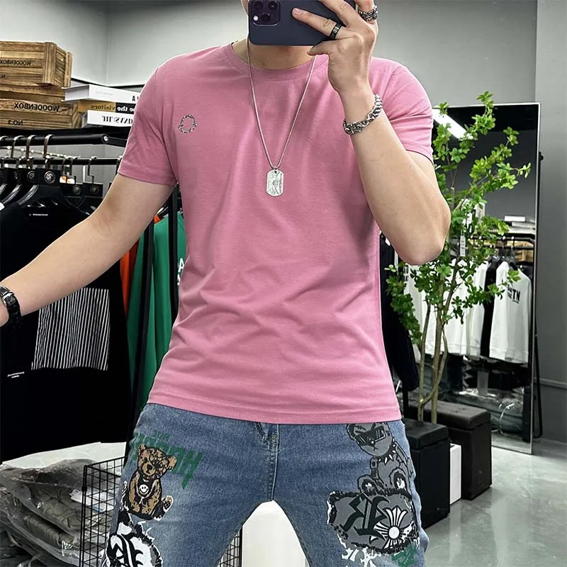 Men\'s Short Sleeved T-shirt Slim Korean Breathable Small Logo Simple Pink Male Tees Plus Size 7xl Causal Daily Homme Wear Tops