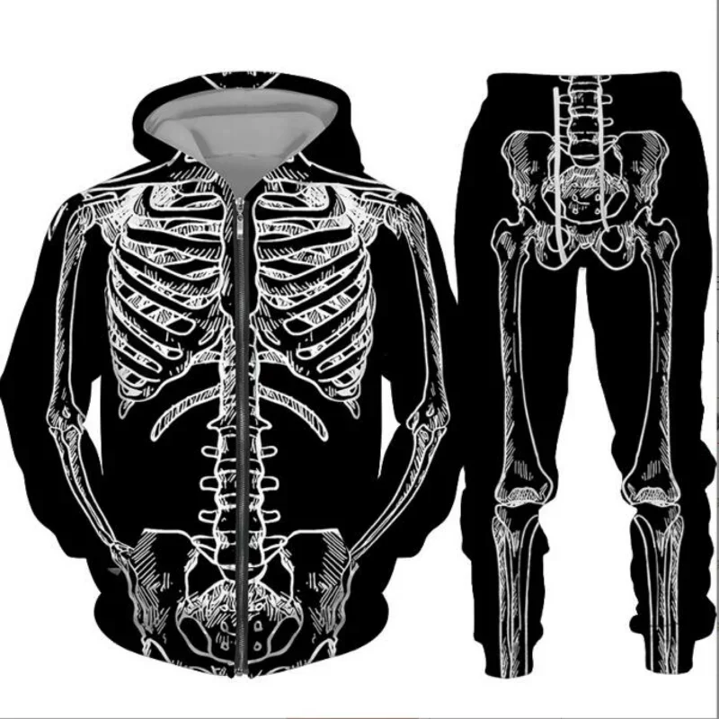 Skull Skeleton 3D พิมพ์ผู้ชาย Hoodies Casual Hallowmas ซิป + Sweatpants กีฬา 2 ชิ้นชุดแขนยาวเสื้อผ้า