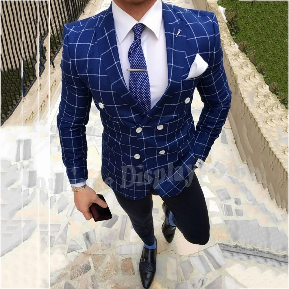 

Customized Plaid Men Suit High Quality Peak Lapel Slim Fit Elegant Double Breasted Business Office Formal Male Clothing Set