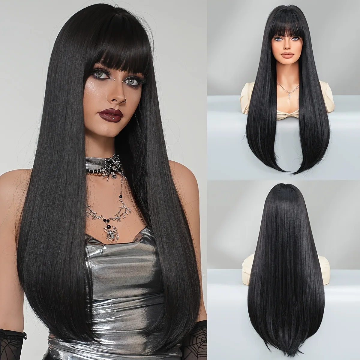 

26 Inch Long Straight Black Synthetic Wig with Bangs - Heat Resistant Fluffy Wig for Women, Great for Daily and Halloween Party