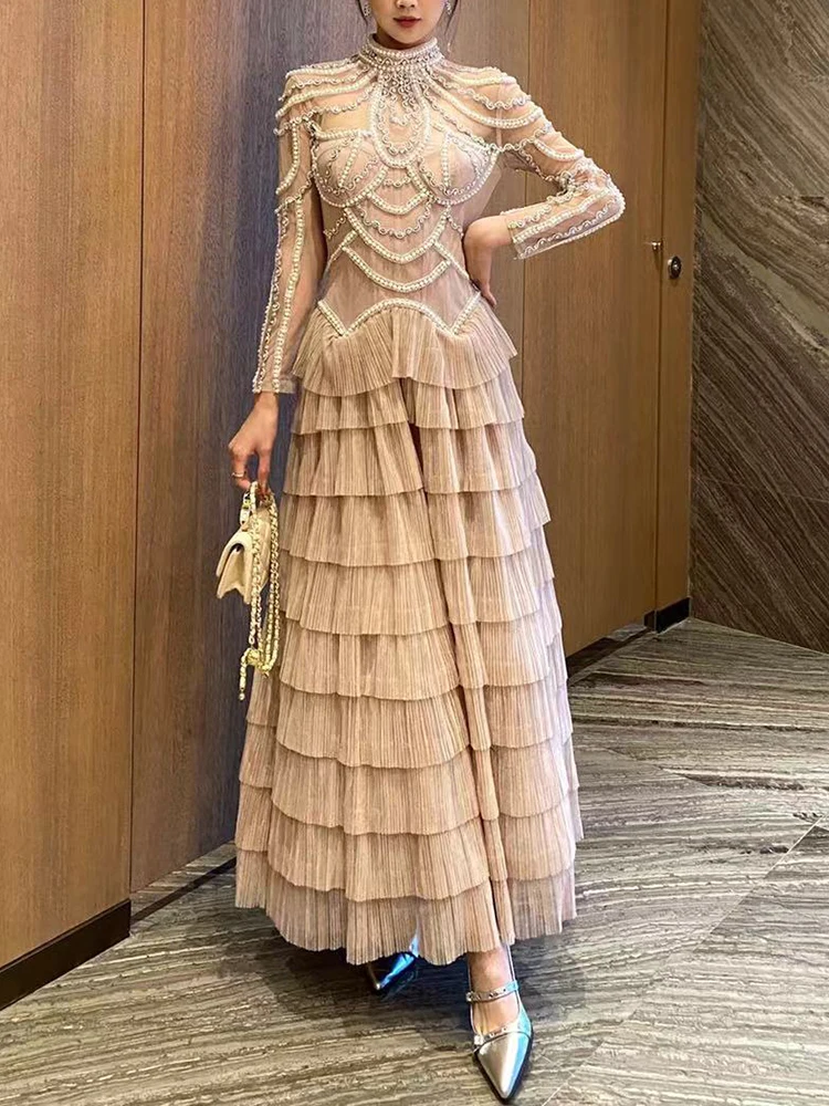 TWOTWINSTYLE Hit Color Patchwork Diamonds Evening Party Dress For Women O Neck Long Sleeve Spliced Ruffles Midi Dress Female New