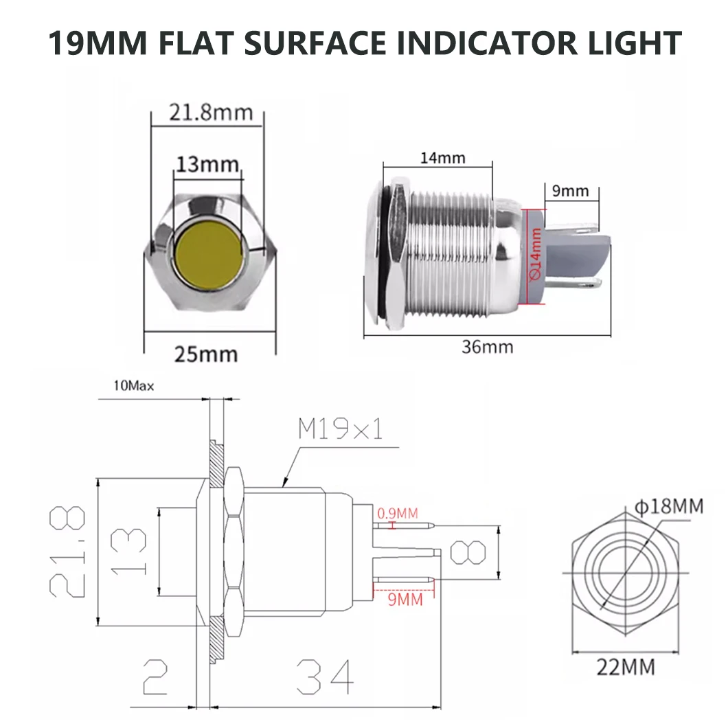 ABILKEEN 10 Uds 19MM luz indicadora de Metal LED IP65 lámpara piloto de señal Industrial impermeable 3 ~ 220V con Terminal de soldadura de 2 pines