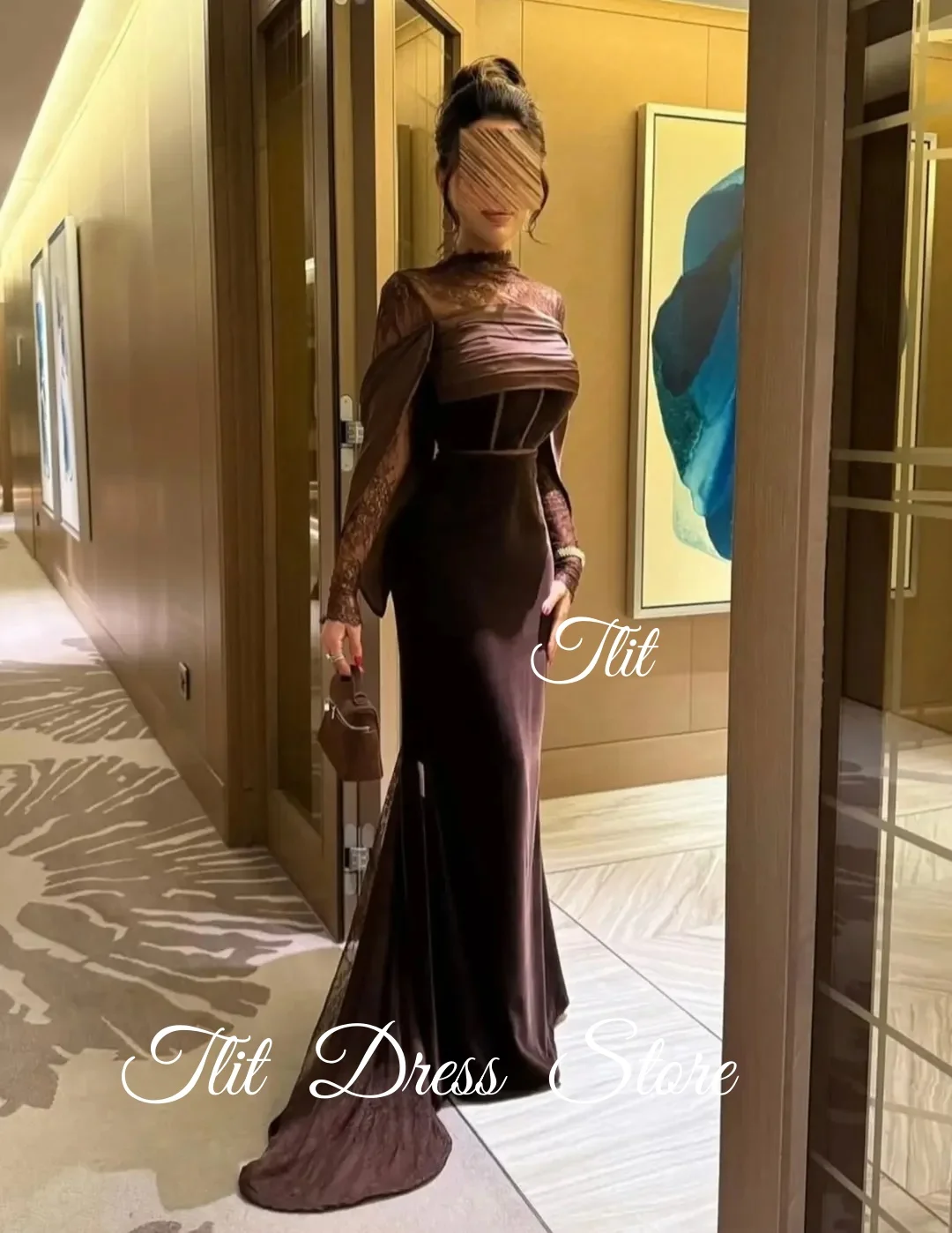 فستان سهرة أنيق من الشيفون الساتان البني الداكن من TLIT برقبة دائرية فساتين حفلات بأكمام طويلة من الدانتيل مخصص فيستدوس دي فييستا