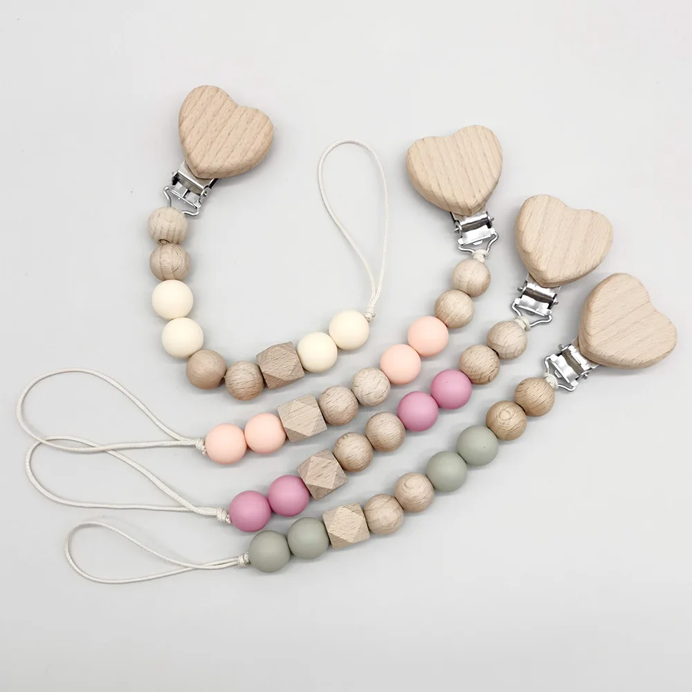 Food Grade Heart Wooden Silicone Pacifier Clip Dummy Chain Holder for Baby, BPA Free Cute Pacifier Leash Strap Prevent Dropping