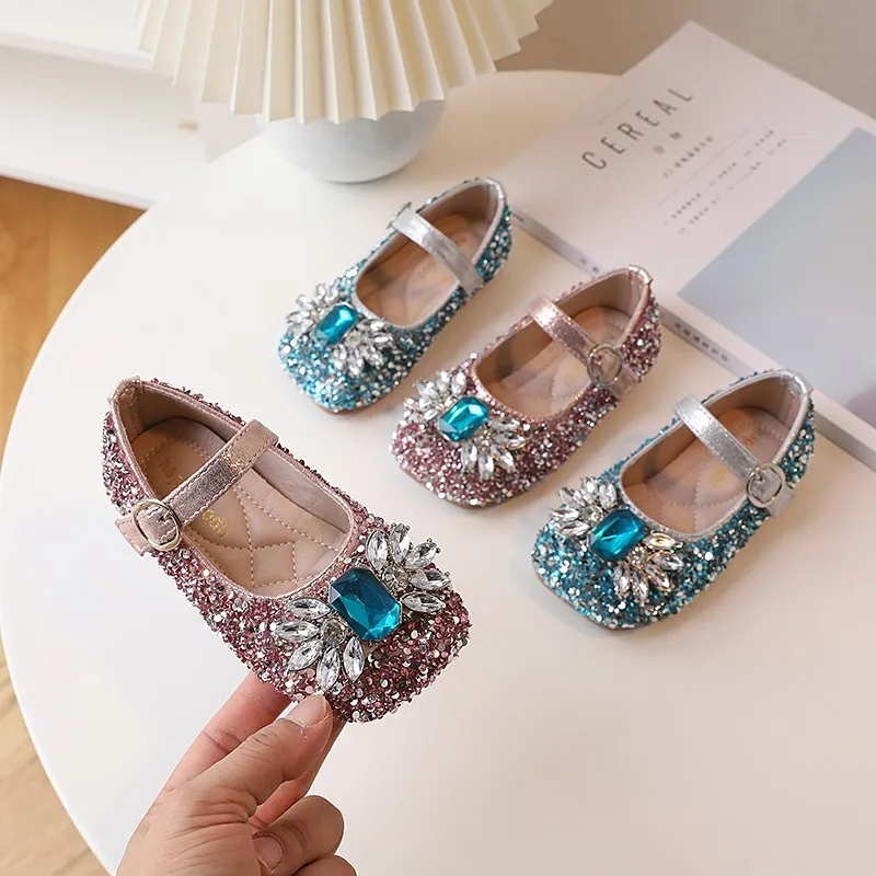 Girls Shoes 2023 Summer New Rhinestones Beautiful Mary Janes Soft Princess Children Shoes for Party Wedding Shows Britain Flats