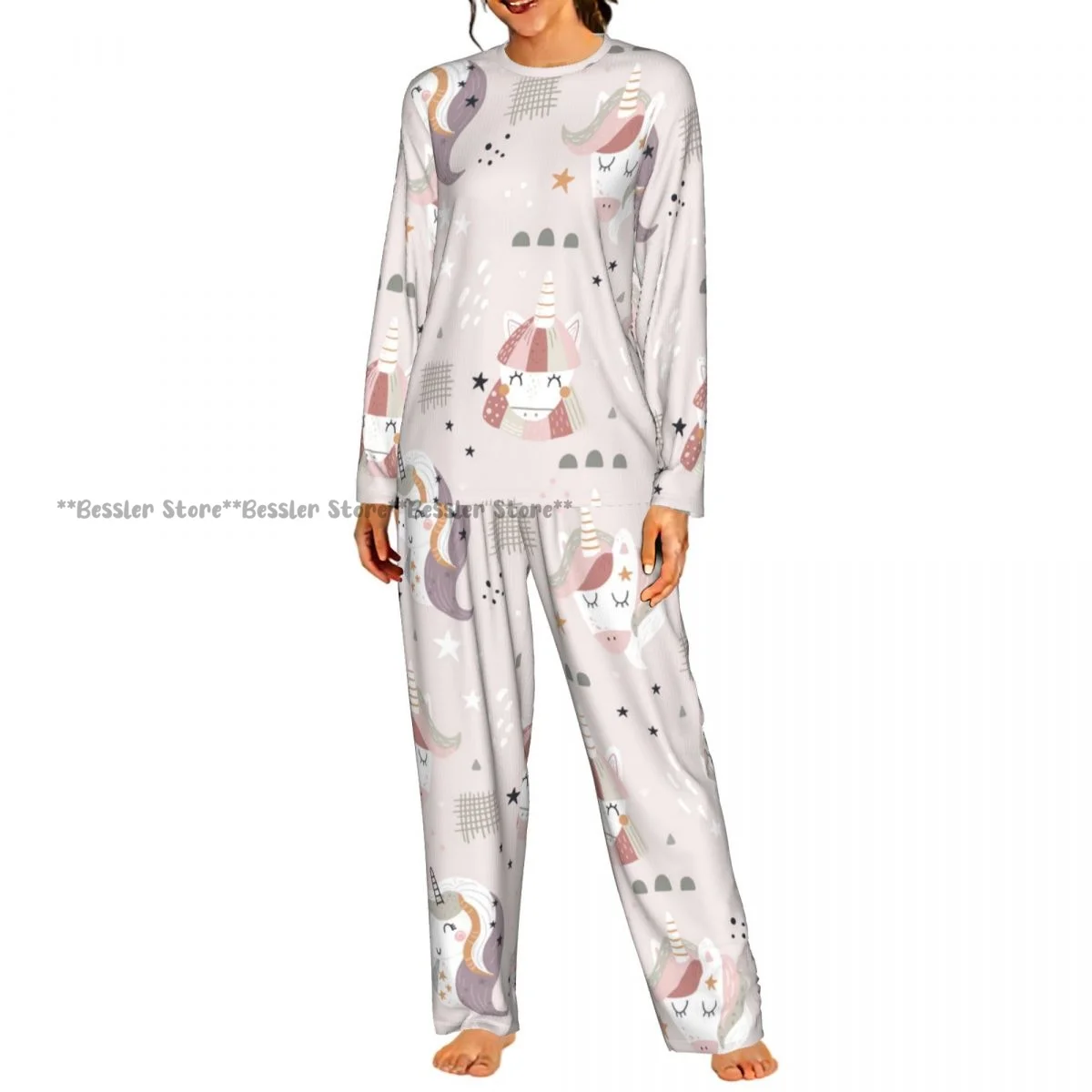 Women Round Neck Pajama Suit Long Sleeve Tops Long Pants Cute Fairy Unicorns Heads Ladies Nightwear Home Outfit