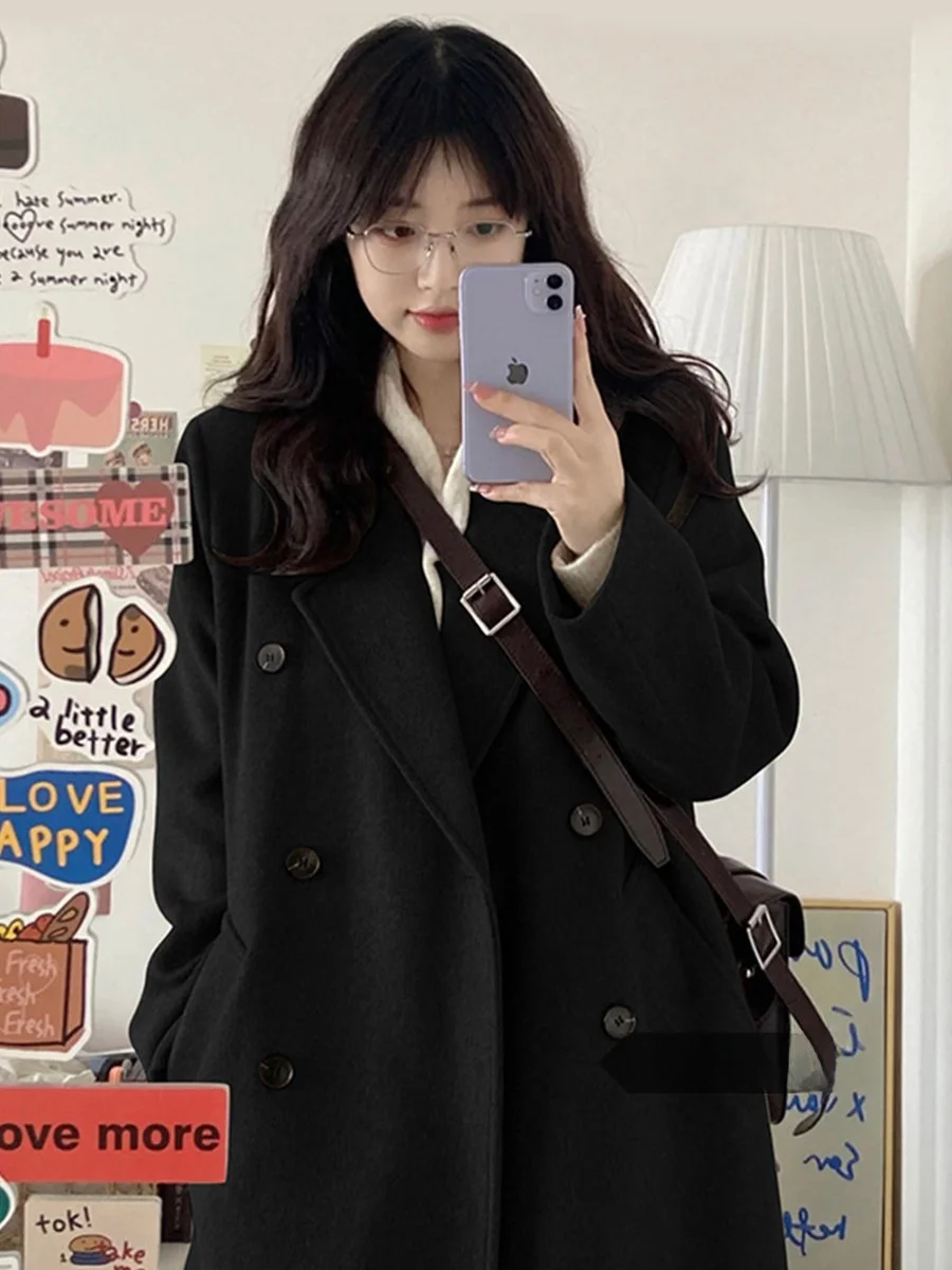 

Women's Thiened Woolen Coat Small Size Faionable Korean Sle oulder-Length Lapel All-Match Autumn Winter Outerwear