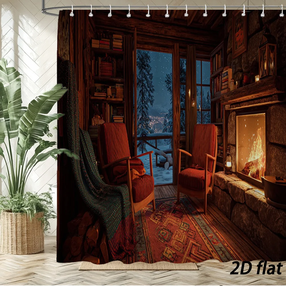 Vintage Log Cabin Interior With Burning Fireplace Snowy Forest Night View Art Bath curtain Comfortable Warm t