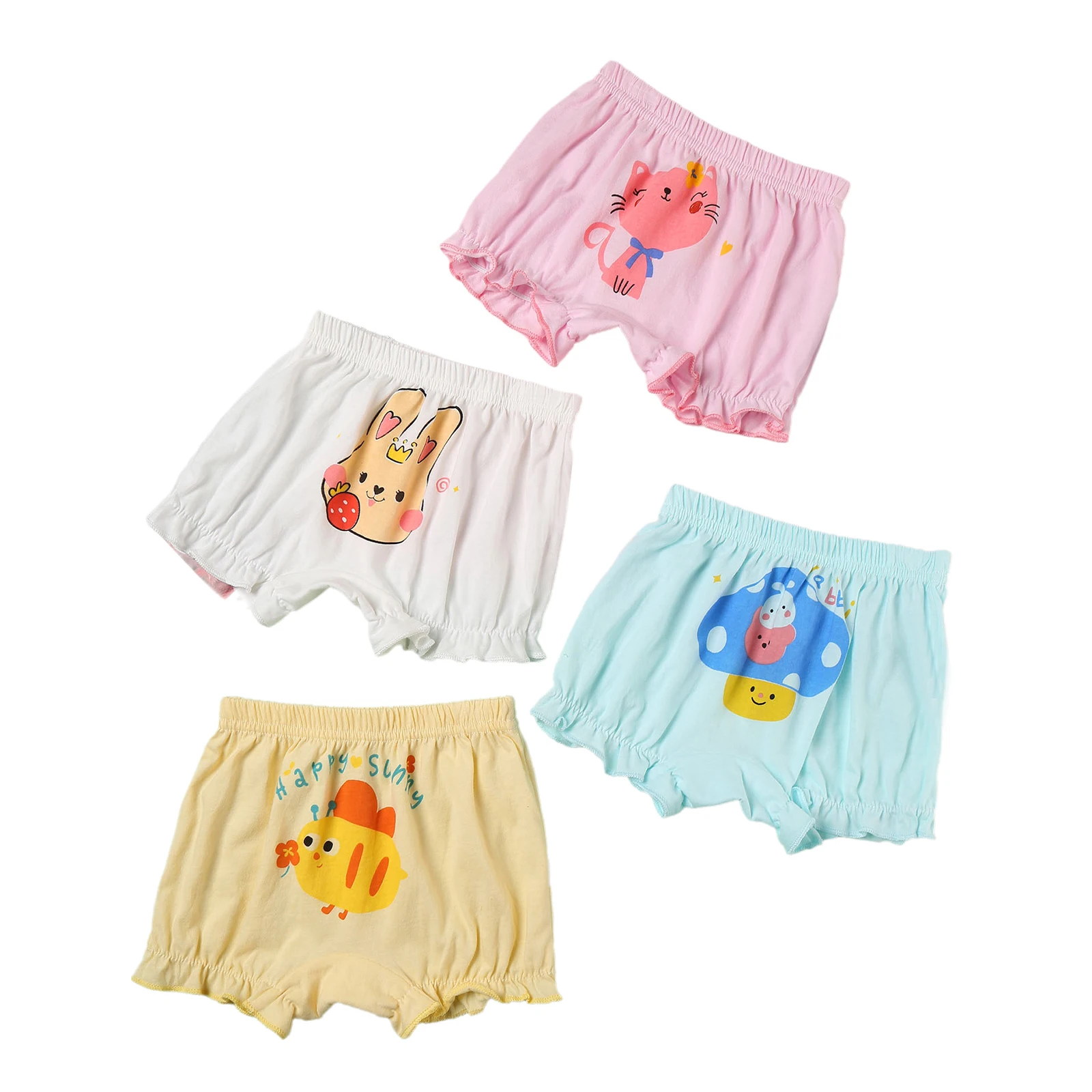 Baby Girls 4Pcs Set Shorts Sweet Cute Print Elastic Waist Ruffled Cotton Bloomers Diaper Covers for Casual Daily Home Wear