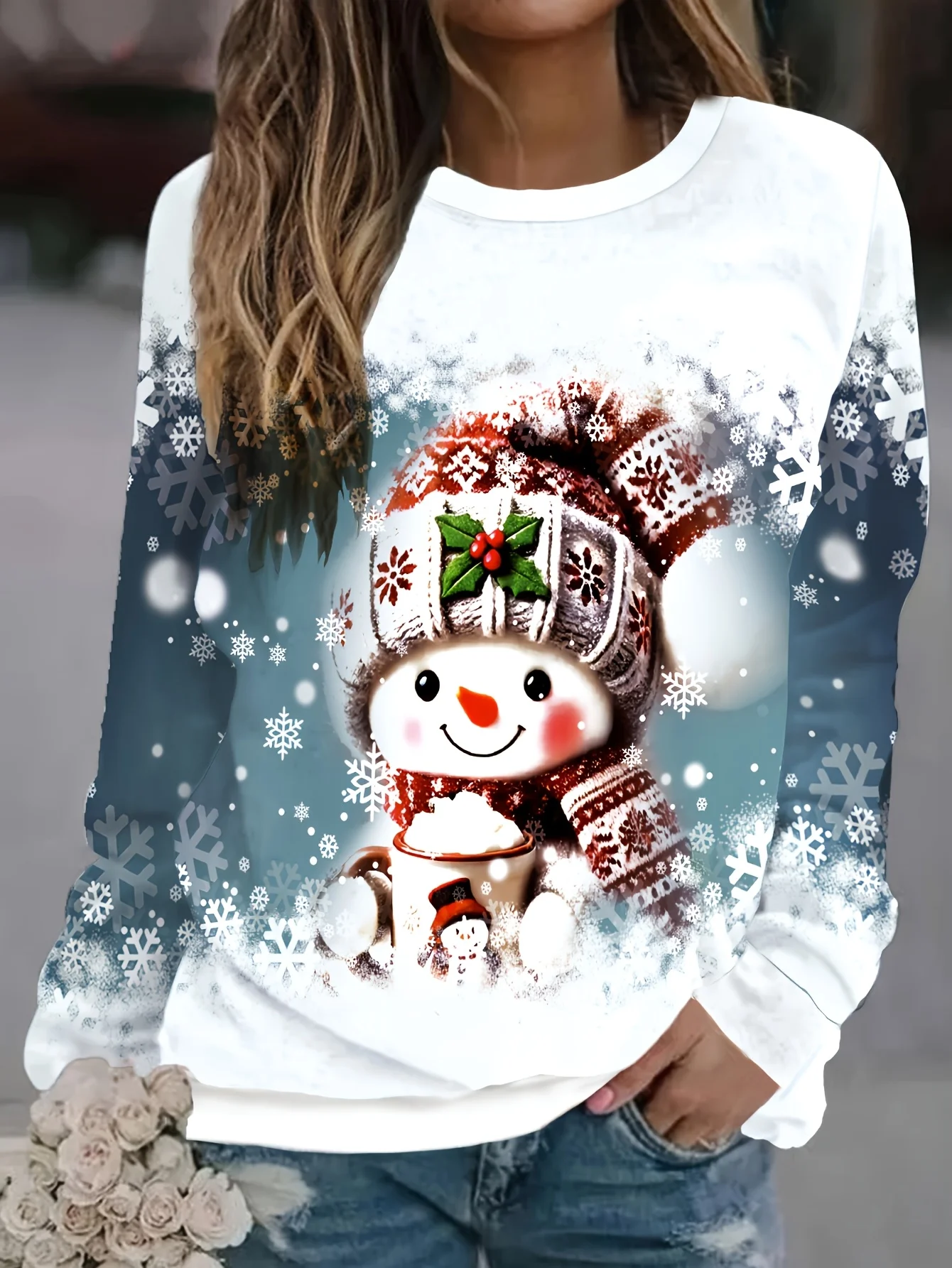 Women's Long Sleeve T-Shirt, Snowman With Knit Hat And Scarf Holding Hot Cocoa Mug, Winter Christmas Snowflakes Print, Leisure And Sports Top
