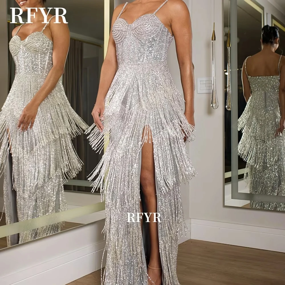 RFYR Sweetheart Prom Dress Tassels Evening Dress A Line Party Dress with Straps Luxury Celebrity Dress for Gala Customized image 3