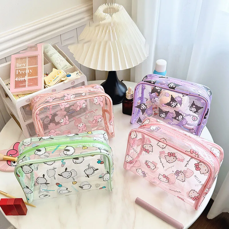 Kawaii My Melody Kuromi Hello Kitty Cartoon Transparent Cosmetic Bag Anime Sanrio Girl's Heart Cute Portable Travel Storage Bag