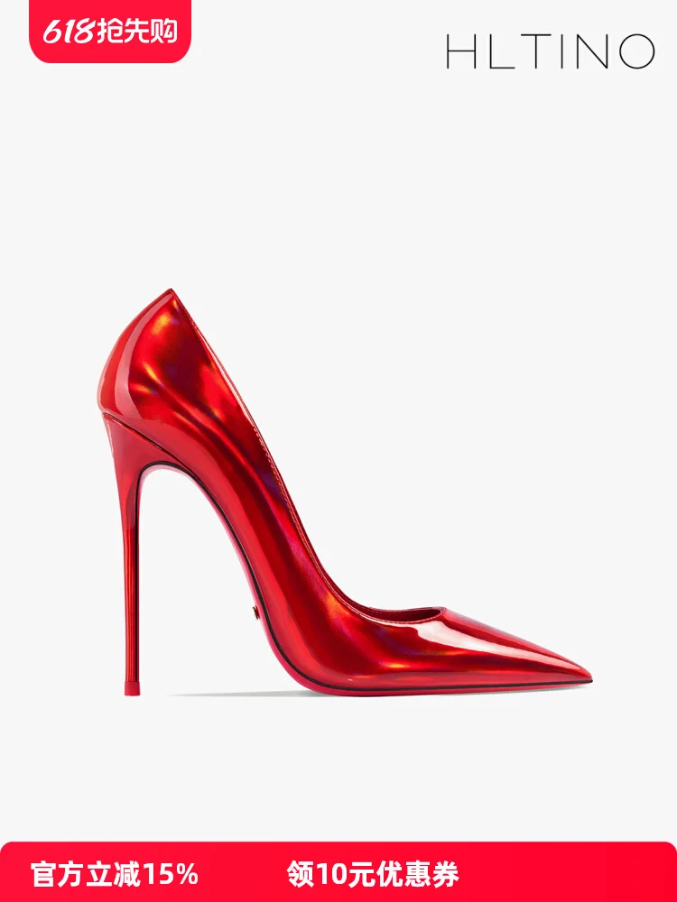 

new hot style 12cm laser red patent leather pointed high heels women's stilettos sexy large size red bottom single shoes spring