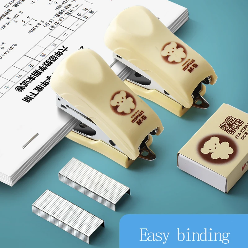 M&G Mini Cartoon Stapler, includes staples, stapler tail with staple remover design, suitable for 24/6 staples, for student and