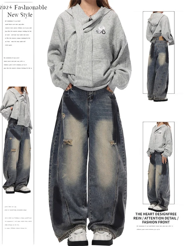 plus Size American Retro Knife Hole Denim Jeans Women's Design Sense Worn Loose Drapey Wide Leg Pants Fat MM