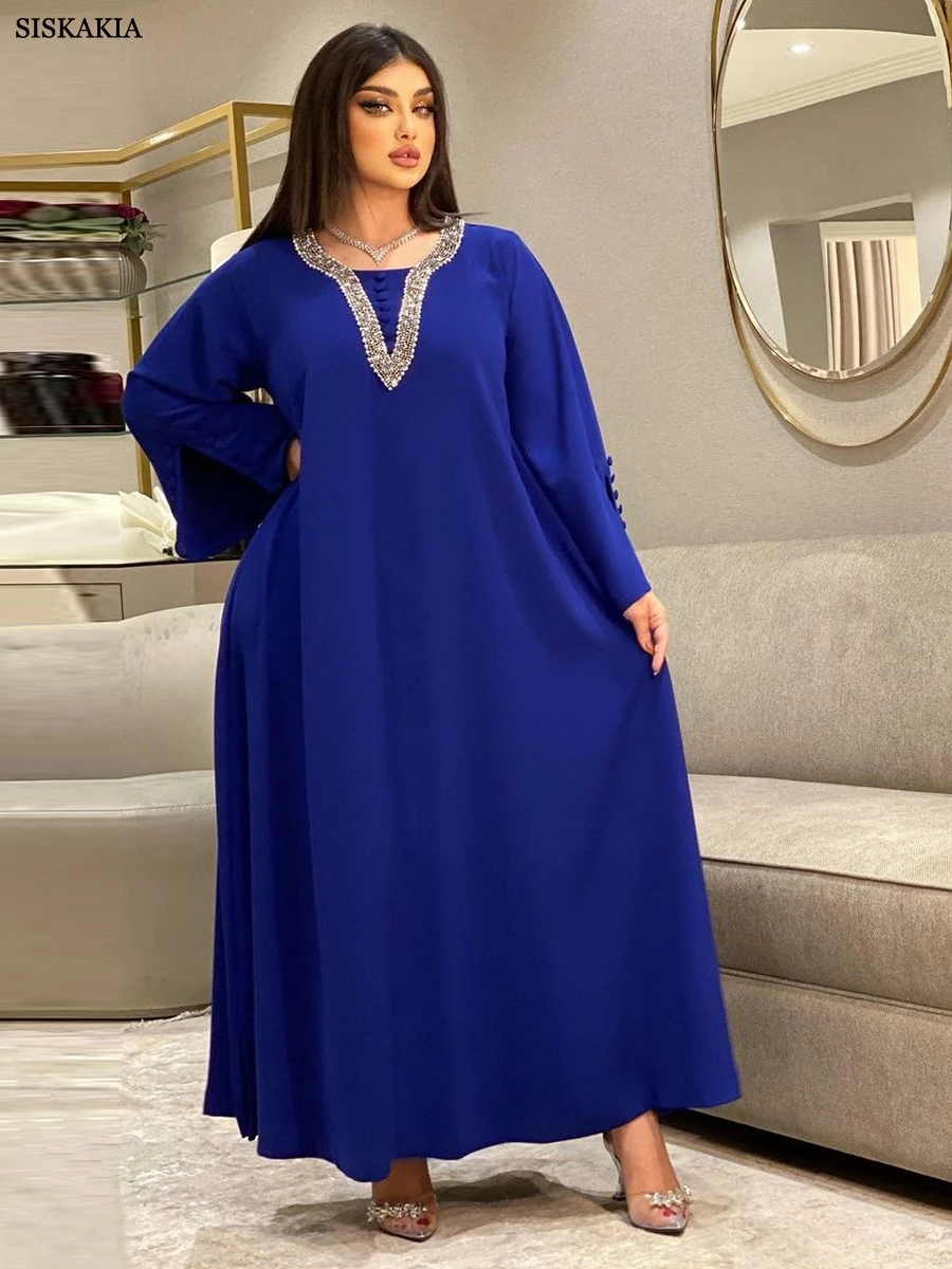 Elegant Dresses For Women Fashion Diamonds Button Decoration Long Sleeve Party Prom Dress Ramadan Muslim Women Clothing