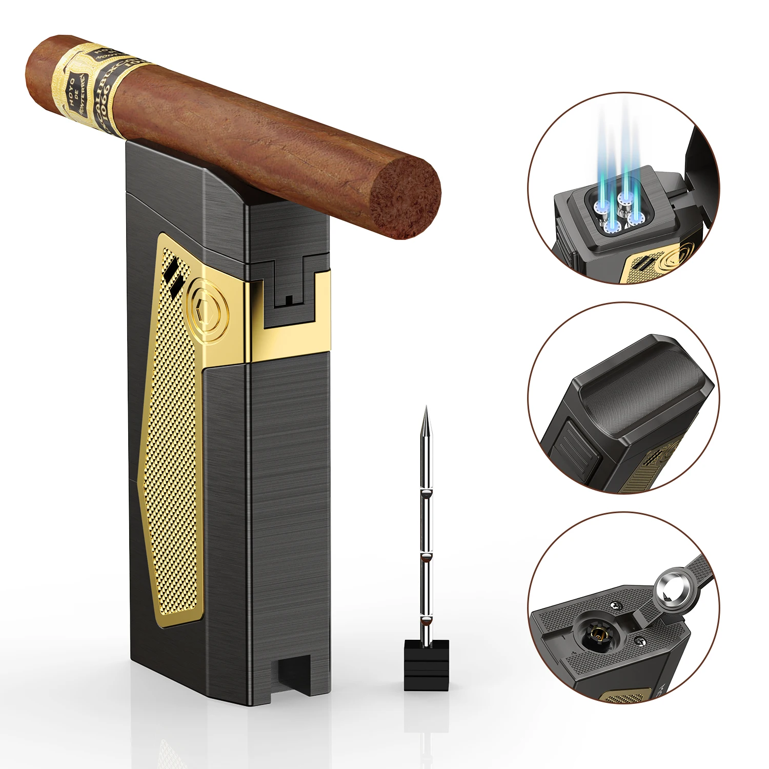 

All-in-one Lighter with Quad Jet Torch Flames, Built-in Stand & Punch Multi-Functional Accessories 4-in-1, Stylish Gifts for Men