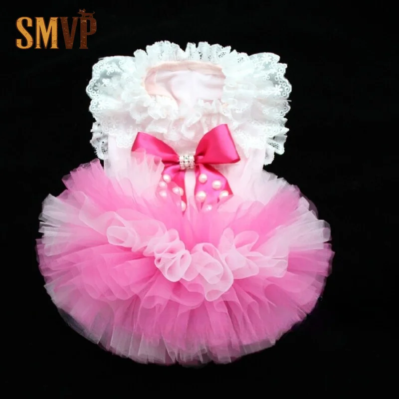 Sweet Pink Pet Party Dress Ruffled Lace Trim Pearl Embellishment Big Satin Bow Fluffy Multi-Layer Tulle Dress for Small Pets