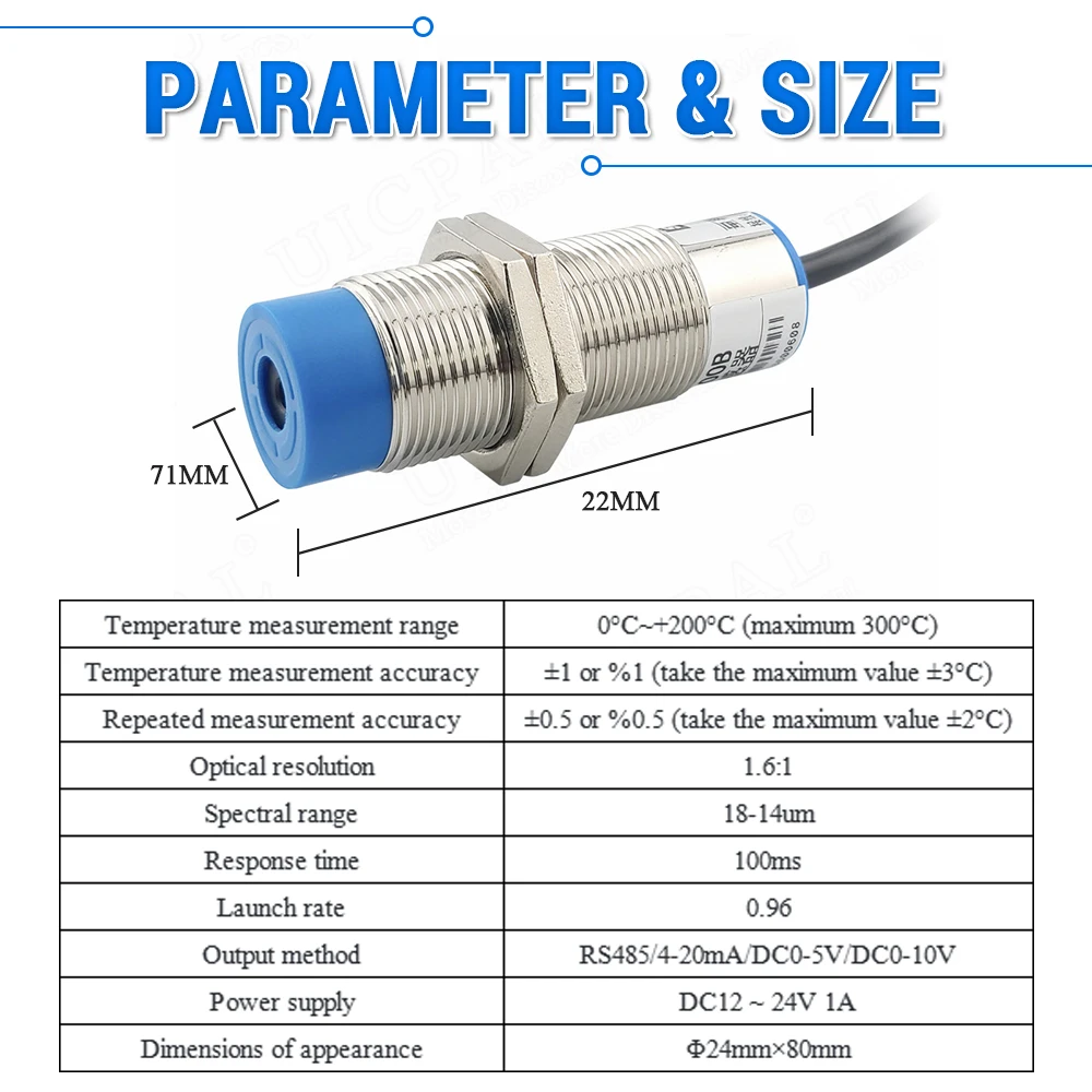 Infrared Ray Temperature Measuring Sensor Probe Module 0-200°C 8-14um Industrial Non-contact Optical Ray Sensor 1M RS485 4-20mA