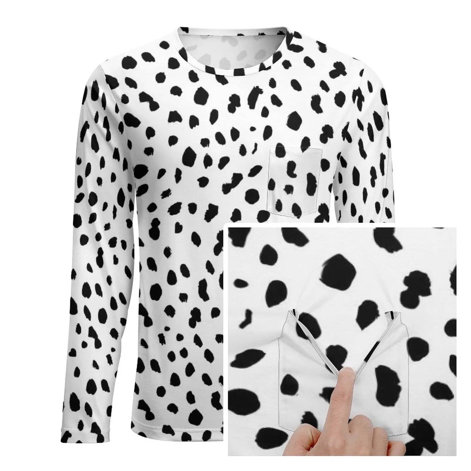 Dalmatian Dog Print T Shirt Black and White Cool T Shirts With Pocket Long Sleeve Tshirt Spring Street Style Oversized Clothes