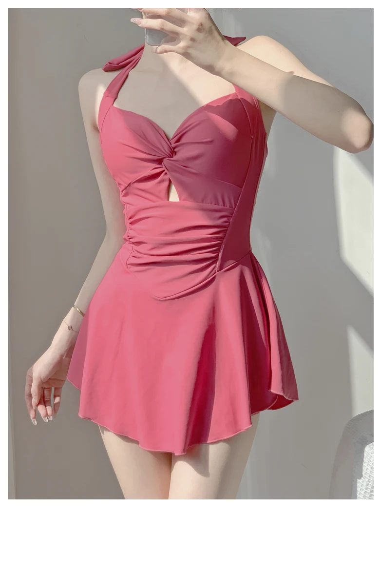 Traje de baño conservador de una pieza ajustado con tirantes Halter para mujer, minivestido coreano liso sin mangas, traje de baño conservador para playa