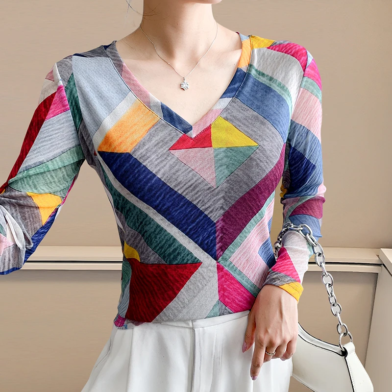 

New,European,Clothes,Mesh,T-Shirt,Fashion,Sexy,V-Neck,Print,Geometric,Women,Tops,Long Sleeve,Bottoming Shirt,Slim,Tees,59035