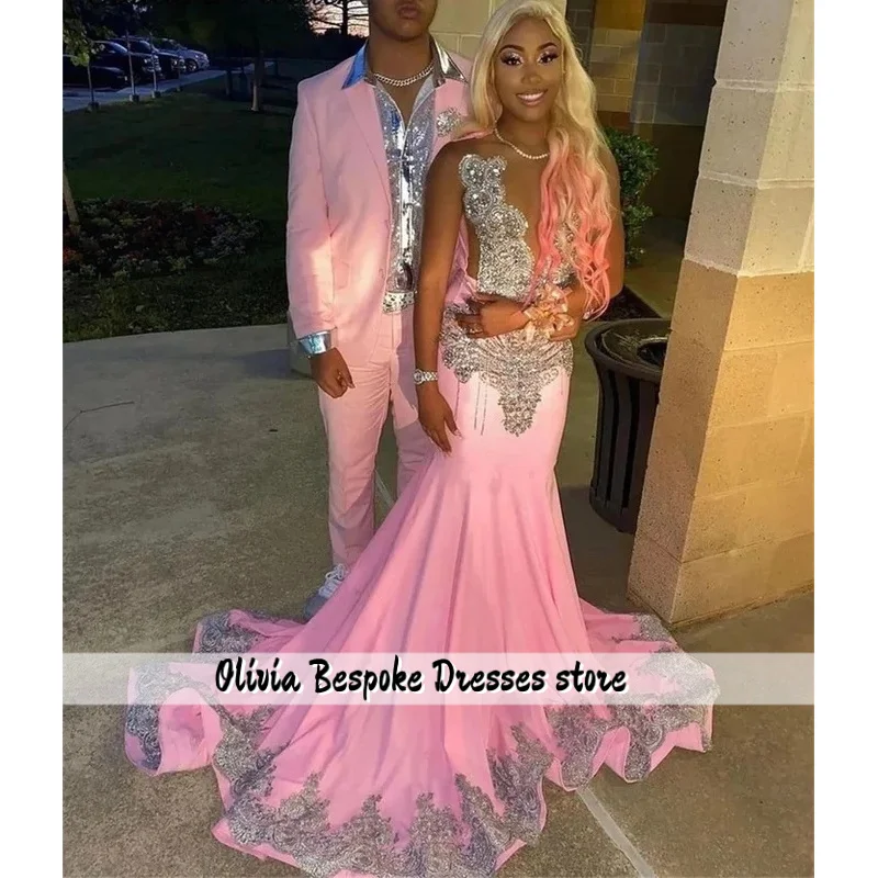 الوردي الفاخرة فساتين حفلة موسيقية طويلة للفتيات السود بلورات النساء فساتين حفلات أعياد الميلاد ثوب مسائي أفريقي رداء دي مخصص