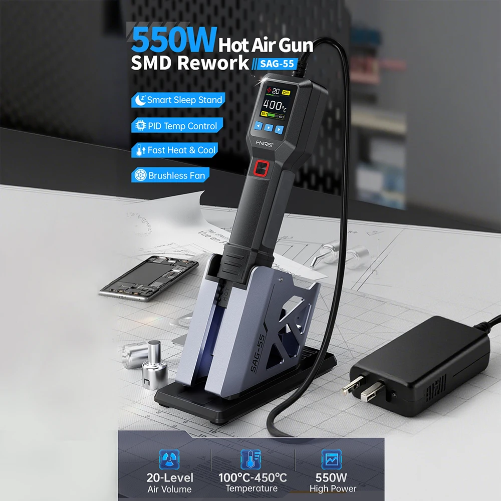 

FNIRSI SAG-55 550W Hot Air Gun AC 220V Handheld Welding Repair Soldering Rework Station Adjustable Temperature Heat Gun