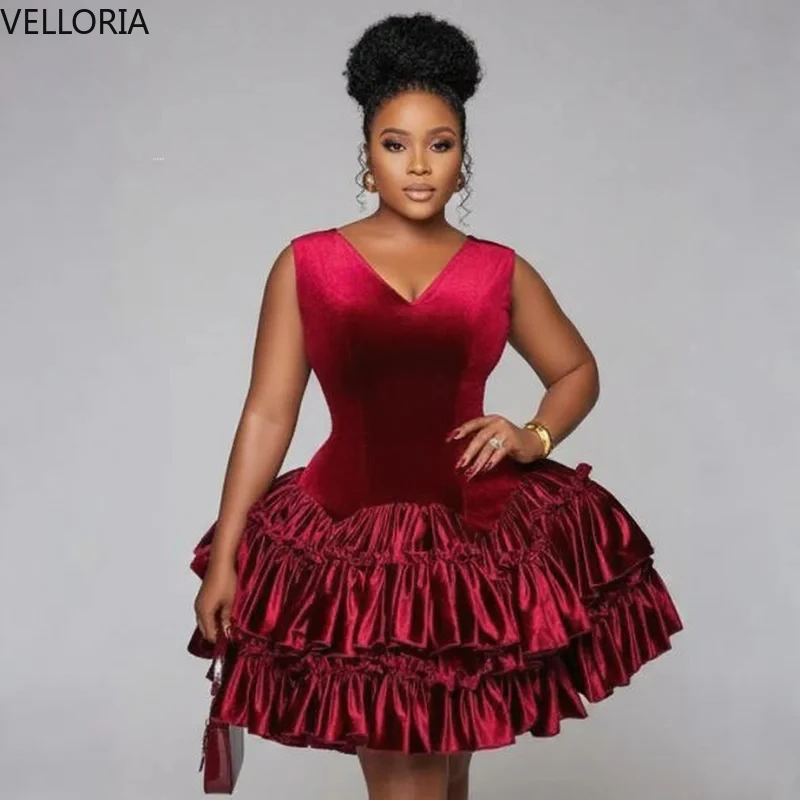 

Burgundy Sexy Velvet Cocktail Dress V-neck Ruffle Layered Short Party Gown Tight Corset Ball Gown Vestdos De Fiesta Customized