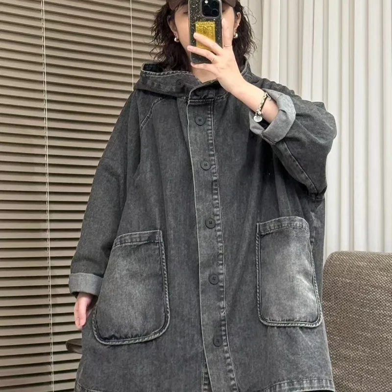 Tops Jackets Women's Premium Denim Plus Size Relaxed Fit Retro Pockets Hooded New Comfortable Minimalist Casual Niche Versatile