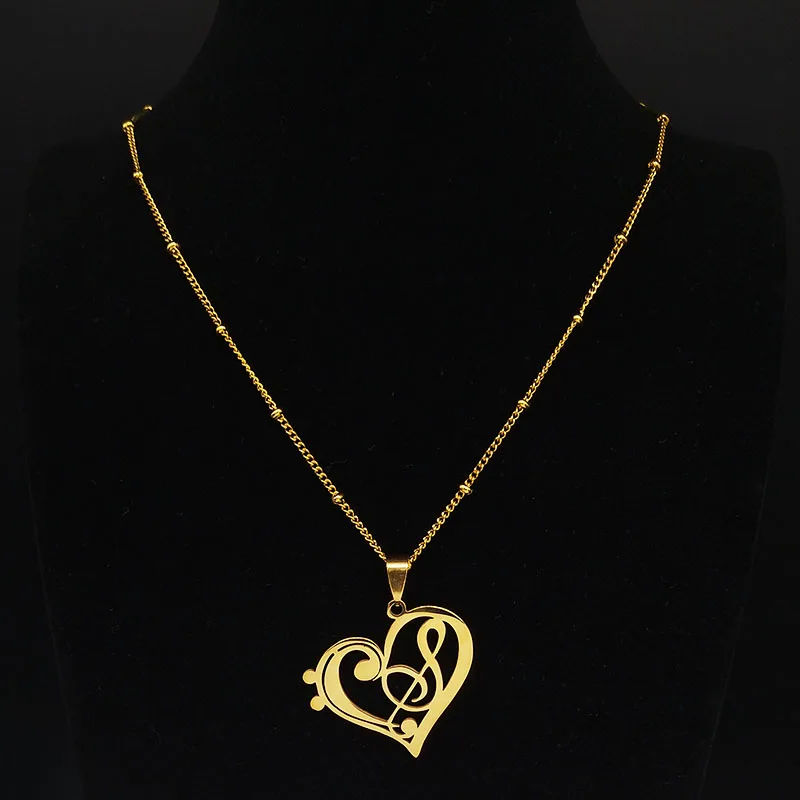 Aesthetic Music Note Heart of Treble Clef Stainless Steel Necklace for Women Men Gold Color Musical Chain Jewelry collar N1135