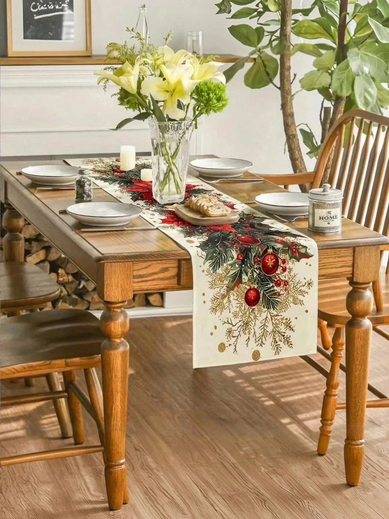 JIT Christmas Poinsettia Holly Table Runner Festive Red Gold Ornament Design For Holiday Dining Table Decor High Quality Durable