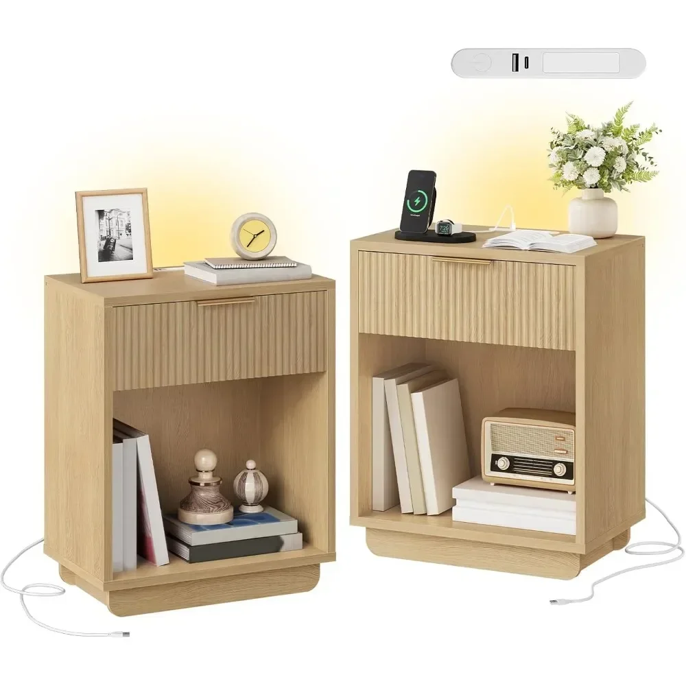 Modern Fluted End Table Duo for Bedroom, USB LED Night Light Charging Ports, Drawer and Shelf view 3