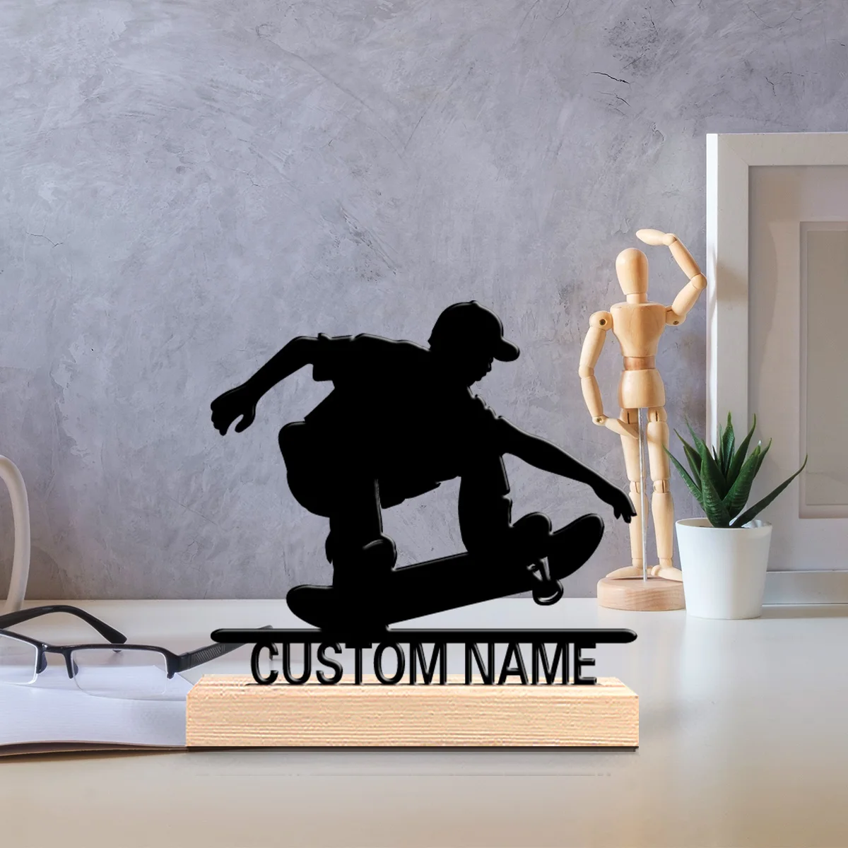 1pc Weird Personalized Custom skateboard Metal Statues Symbolic desktop decoration with wooden base gift male theme office