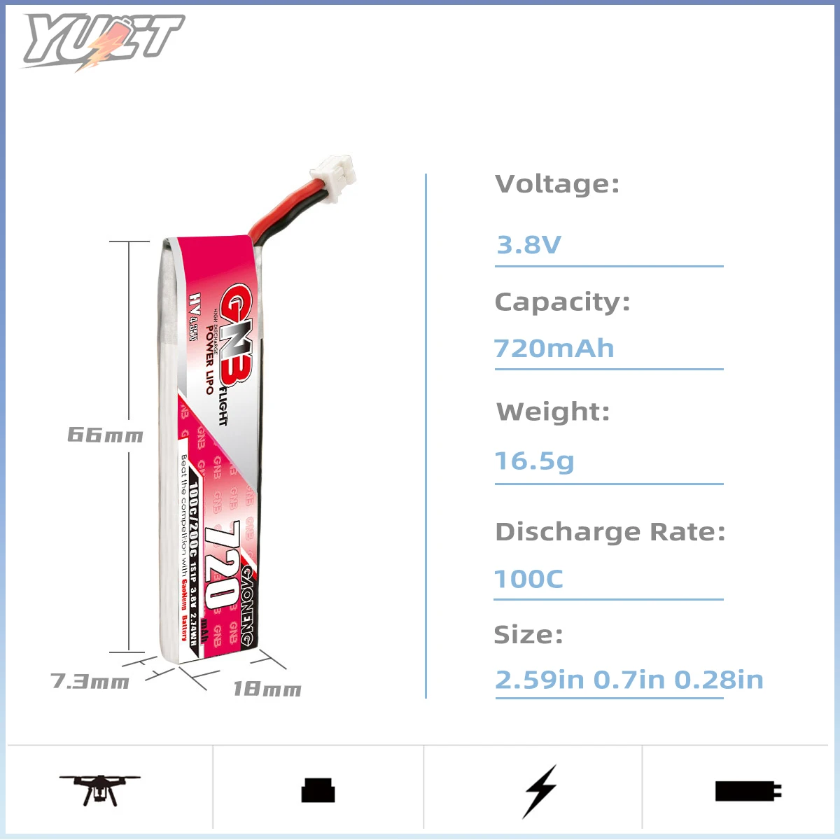 Yuct gnb 1s lipo bateria lihv 3.8v ph2.0 100c/max 200c para minúsculo whoop 3.7v bateria de lítio para fpv drone quadcopter corrida drone