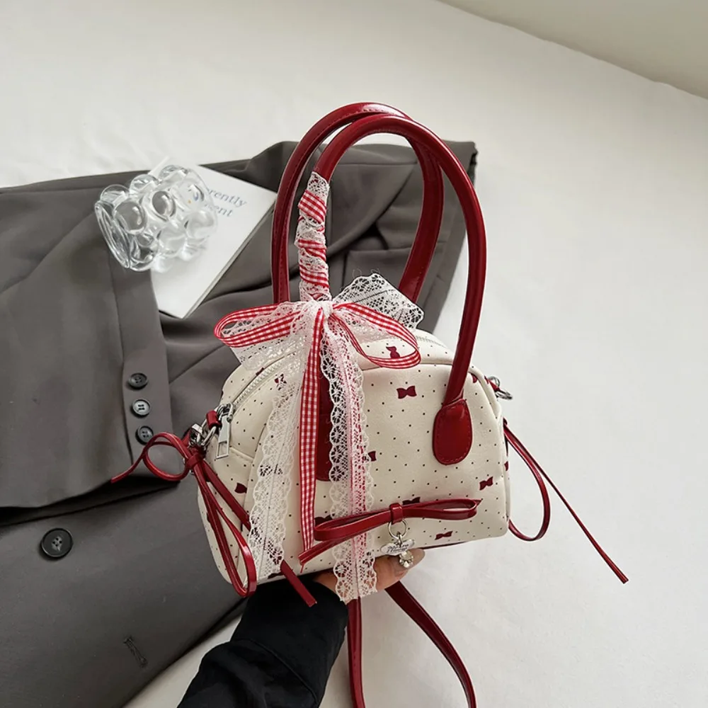 

French Style Bow Ribbons Bowling Bag Lace Ribbon Large Capacity Boston Shoulder Bag PU Leather Casual Women Handbags Travel