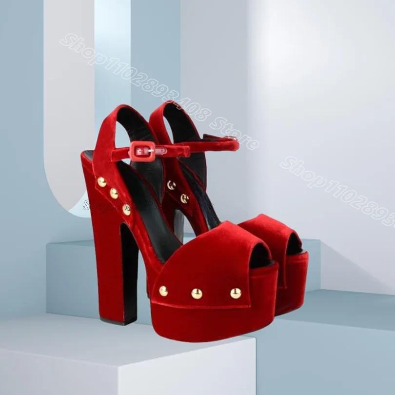 

Red Rivet Decor Platform Sandals Ankle Buckle Stylish Stiletto Open Toe British Style Women Casual Sandals Zapatos Para Mujere