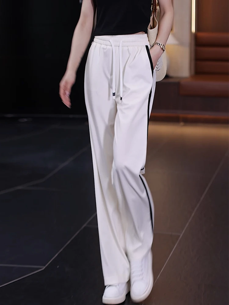 

White Ice Silk Wide Leg Pants Women's Summer Thin High Waist Drape Loose Long Casual Sports Trousers by Xiangdou