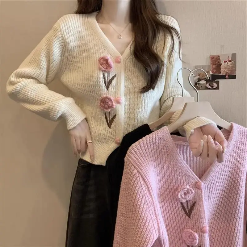 

Thiened Soft ort Knitted Cardigan Sweater Autumn New Sweet Tee-dimensional Flower Pink Top Women's Faion Commute Sle