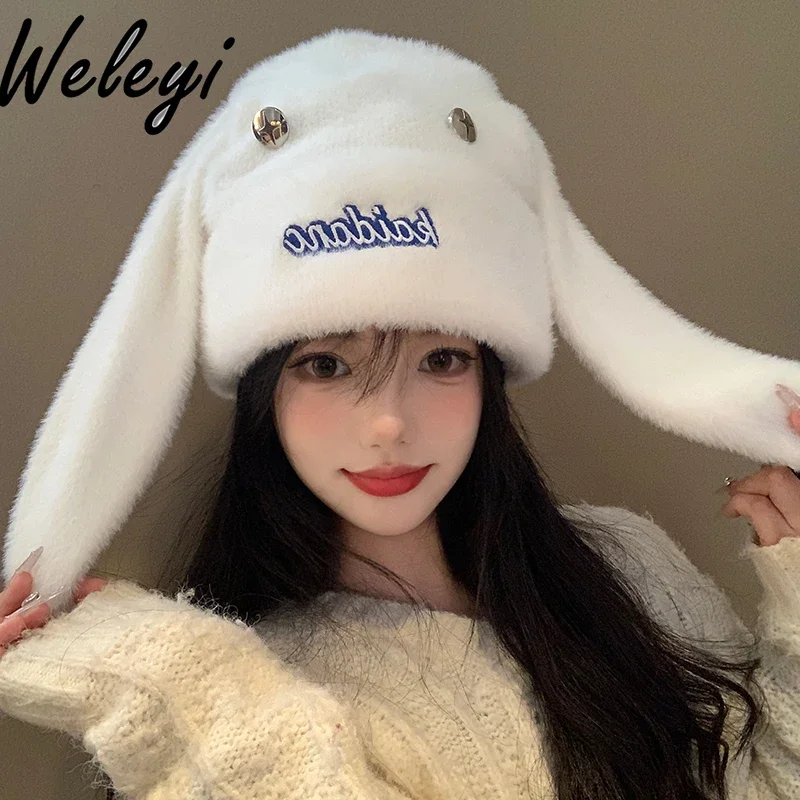 

Touca Feminina Inverno Cute Bunny Rabbit Ears Plush Hat Female 2024 Autumn and Winter New Japanese Woman Warm White Ear Hats