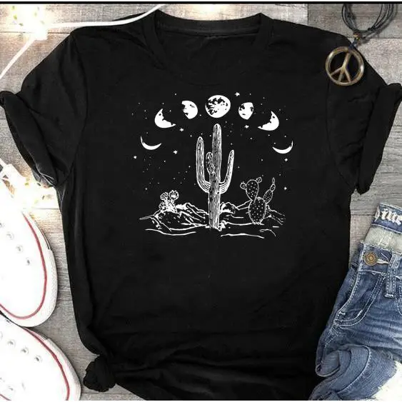

Loose Thin ort Sve Women's T-irt Moon Cactus Print Casual Cotton Top for Outdoor And Busin Scenarios